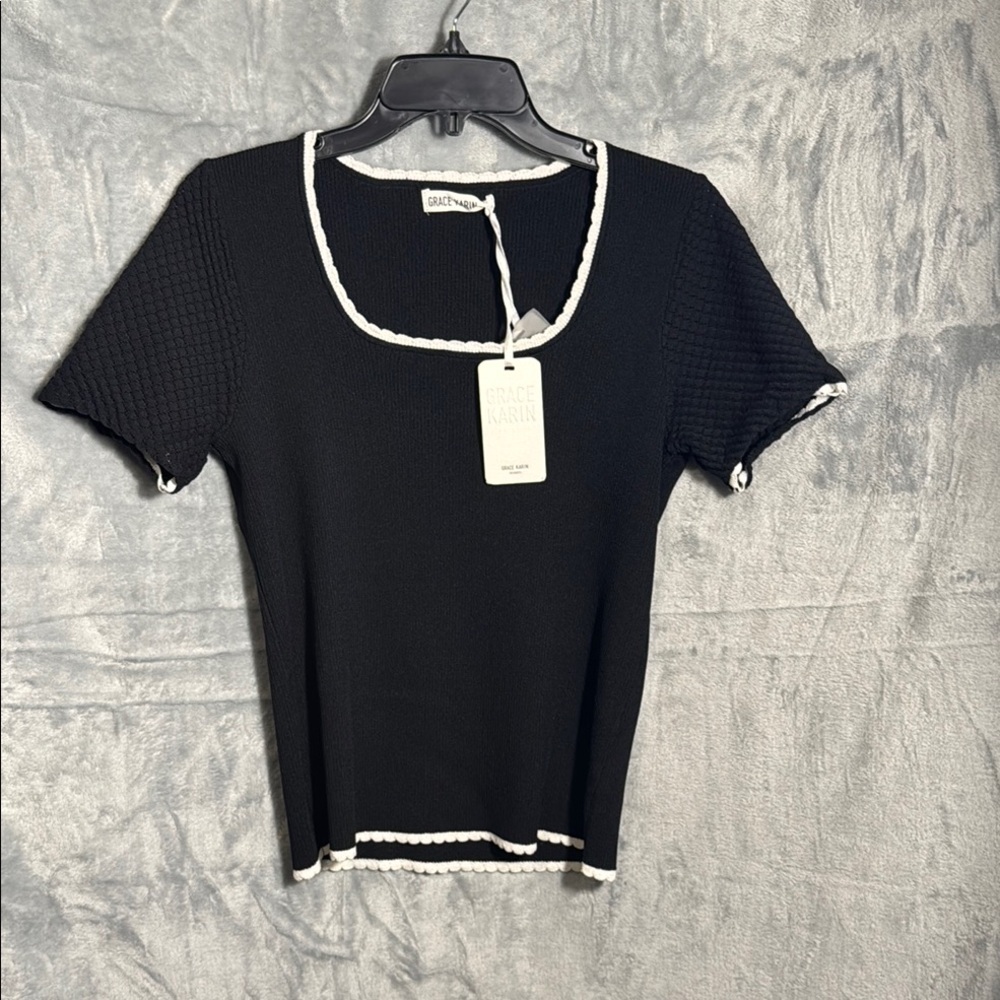 Grace Karin sweater NWT XL Black White Fitted Ribbed Short Sleeve square neck